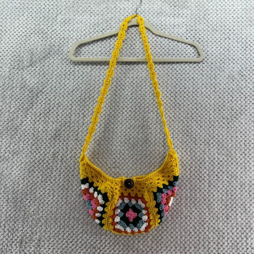 Handmade crochet Granny Square Cross Body Shoulder Bag Botton Closure Yellow
